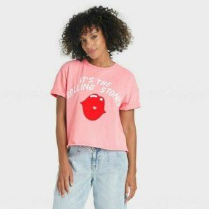 "It's The Rolling Stones" Lips Logo Cropped Raw Hem T-Shirt, Pink
